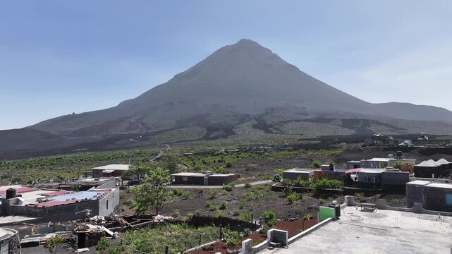 Drone Shot of Cha das Caldeiras Village Under Pico do Fogo Volcano, Cape Verde