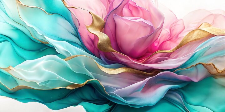 Dynamic alcohol ink abstract art featuring vibrant pink, teal, and soft purple hues with shimmering gold accents