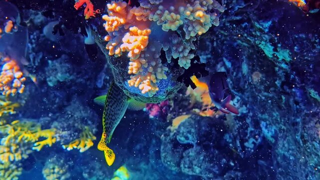 Top shot of beautiful little fish swimming around ocean coral in Sharm El Sheikh, Egypt.