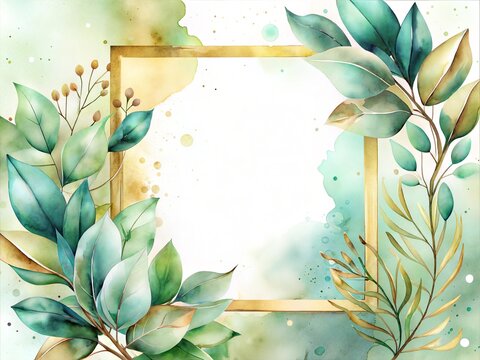 Elegant Watercolor Botanical Frame with Teal and Gold Leaves and Berries and Gold Splatter on a Soft Gradient Background