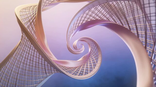 Rotating metal helical ribbons curling inward in studio, camera advancing revealing lattice mesh