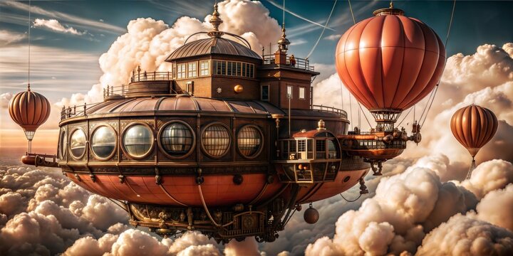 An opulent steampunk-style flying observatory with a large central dome and multiple attached copper hot-air balloons