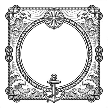 Nautical engraved rope frame with anchor compass rose and ocean waves in square format