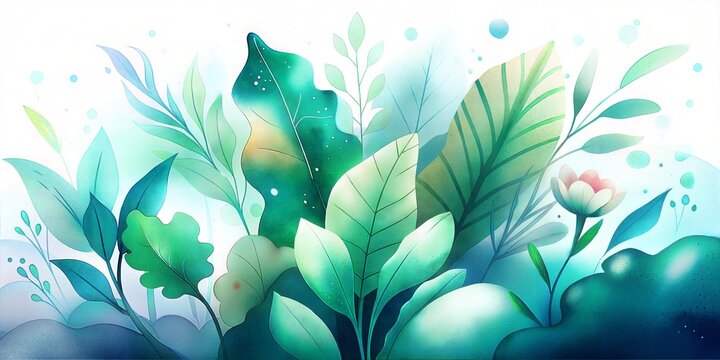 Whimsical Botanical Illustration of Lush Teal and Green Leaves and Small Flower on a Frosted White Background with Bubbles