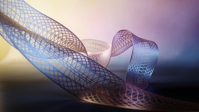Flowing at animation start, metallic ribbon lattice moving across studio, revealing crosshatch mesh