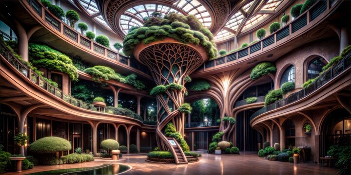 Grand Biophilic Atrium Lobby with Multi-Level Terraces and a Central Sculptural Tree-Like Column Covered in Lush Greenery