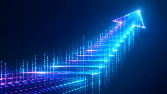 Ascending digital arrow symbolizing data-driven growth, technological innovation, and business strategy climbing towards future success, market leadership, and continuous advancement.