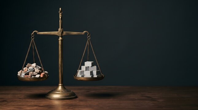 Vintage brass scale balancing construction rubble and new building blocks in equilibrium, circular construction value and material equivalence concept art horizontal with copy space
