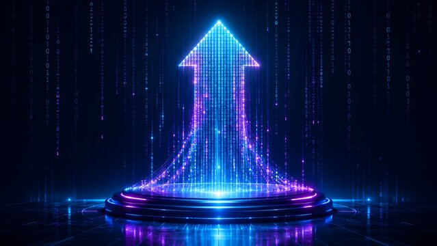 Dynamic upward arrow crafted from glowing binary code, symbolizing digital transformation, data-driven growth, and future technological progress in a vibrant abstract.
