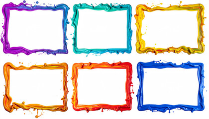 Fototapeta premium Collection of rectangular frames made from flowing multicolored wet paint, vibrant cyan, magenta, yellow, orange, green and blue pigments forming organic borders, smooth liquid textures, splashes