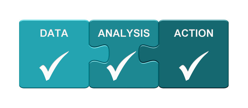 Data, Analysis, Action - Puzzle Button aus 3 Teilen