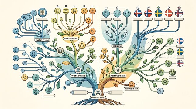 Linguistic Family Tree Infographic: Evolution of Indo-European Languages