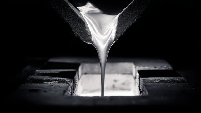 Molten Silver Flowing Through Industrial Casting Mold Creating a Stream of Liquid Metal