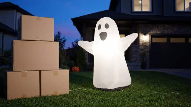 Halloween neighborhood hero ghost decoration beside cardboard box lawn dusk, creating playful seasonal excitement for spooky home exterior search