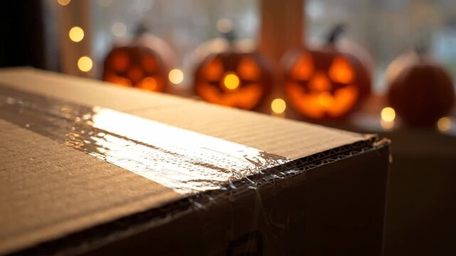 Halloween Hero Neighborhood Scene with Glowing Jack O Lantern Pumpkin Beside Corrugated Cardboard Box, Warm Autumn Light and Festive Seasonal