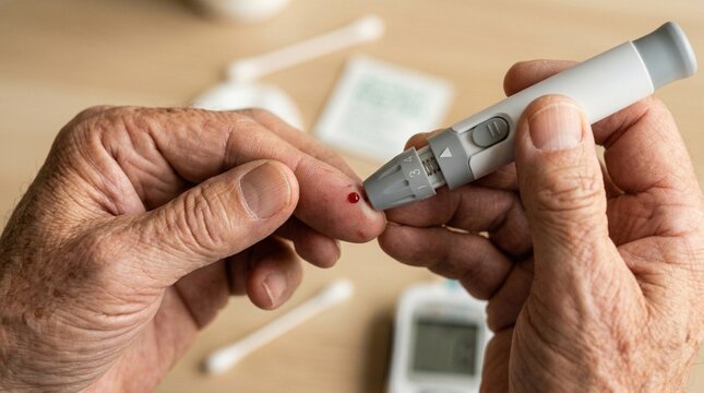 Elderly male hands using a blood glucose meter to check blood sugar levels with a small drop of blood visible on the fingertip in a home setting