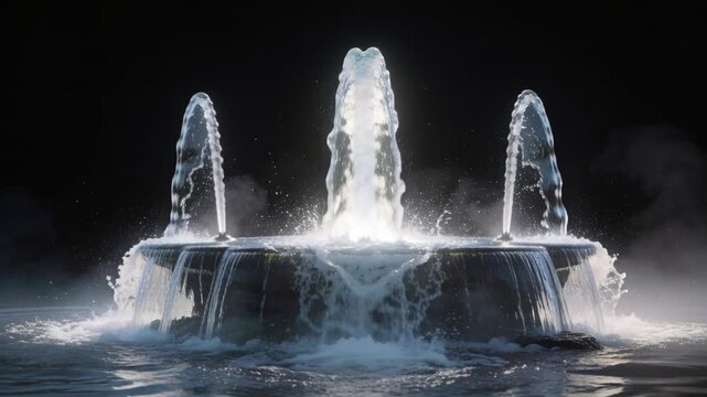 Pulsing tiered fountain emitting central high jet and side arcs in studio, driven by pump cycles