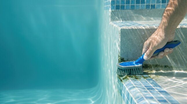Hand holding a blue pool brush scrubbing algae from the tiled steps of a swimming pool with clear water reflecting sunlight above