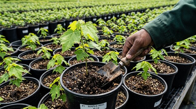 Hand of a gardener holding a small shovel while transplanting a young maple tree in a nursery filled with potted plants and vibrant green foliage