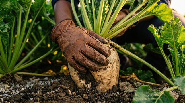 Person wearing brown gloves harvesting a large turnip from the soil in a lush green vegetable garden under natural sunlight