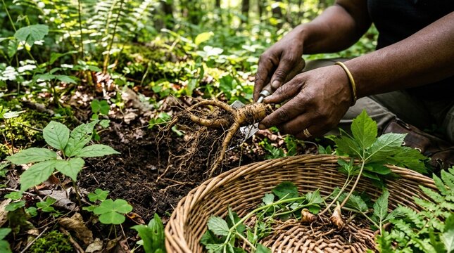Individual harvesting medicinal roots from the forest floor, surrounded by lush green foliage and using a woven basket for collection