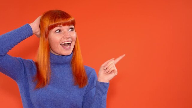 Woman with orange hair shows different expressions in a bright room with orange background