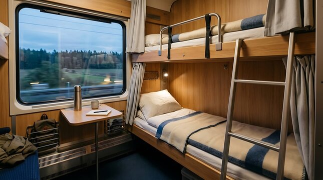 Cozy Interior of a Sleeper Train Cabin with Bunk Beds and Scenic View