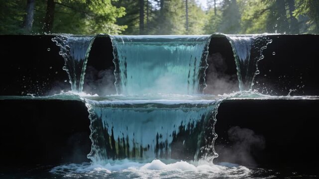 Cascading two-tiered waterfall pouring from upper lip over dark ledges in forest, making mist