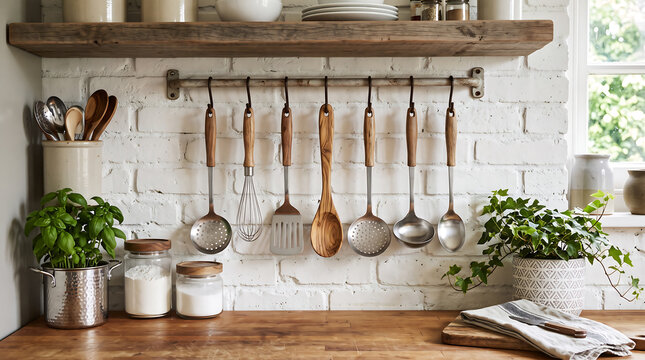 Kitchen utensils hanging on white brick wall with wooden countertops and indoor green potted plants