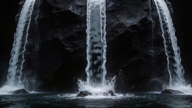 Pulsing flow sending three parallel waterfalls plunging into pool, hitting rocks on dark cliff