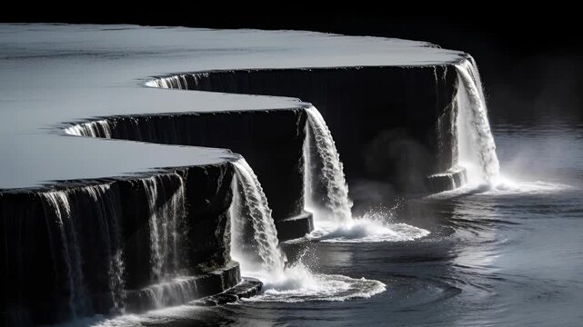 Flowing three falls spilling over curved ledges into pool after water reaching edges, forming spray