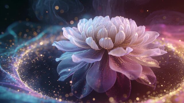 Blooming glowing lotus bloom unfurling while sequence beginning in studio, gold ring tightening
