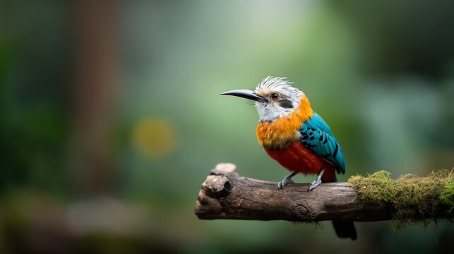 Vibrant bird perched on a mossy branch, showcasing colorful plumage in a natural habitat