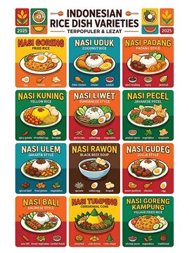 Infographic showing twelve popular traditional indonesian rice dishes