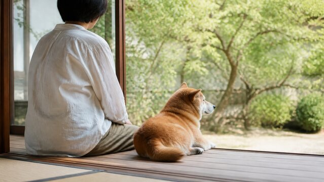 Shiba Inu and owner on engawa for pet companionship advertising