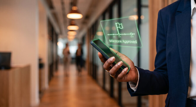 Executive hand holding smartphone with holographic project milestone approval sign-off interface, digital project governance concept in office hallway