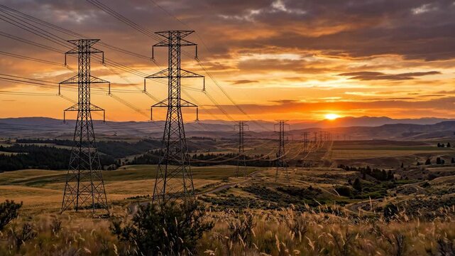 Power lines stretch across the landscape as the sun sets behind the hills. The sky shows warm colors as shadows grow on the ground. A winding road leads through the fields