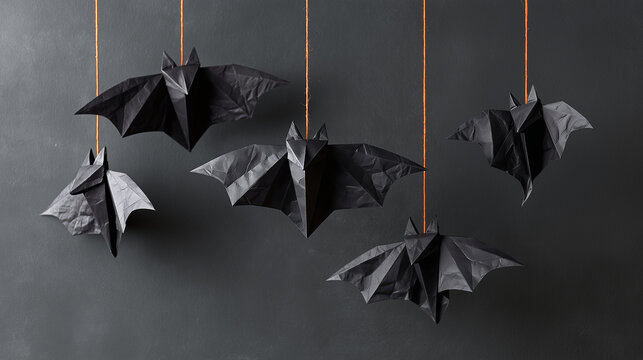 Five elegant black paper bats hanging against a dark background.