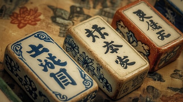 Close-up of three vintage Chinese porcelain blocks with calligraphy.