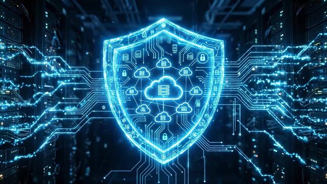 Data protection is shown through a digital shield with cloud technology. The video displays servers and computer network designs highlighting security measures