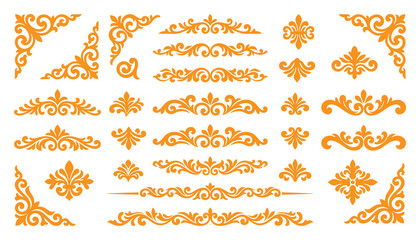 Golden royal fleur de lis and damask ornament set for luxury branding. © MOSTMONIRA