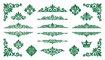Emerald green fleur de lis icons and ornate decorative scroll frames. © MOSTMONIRA