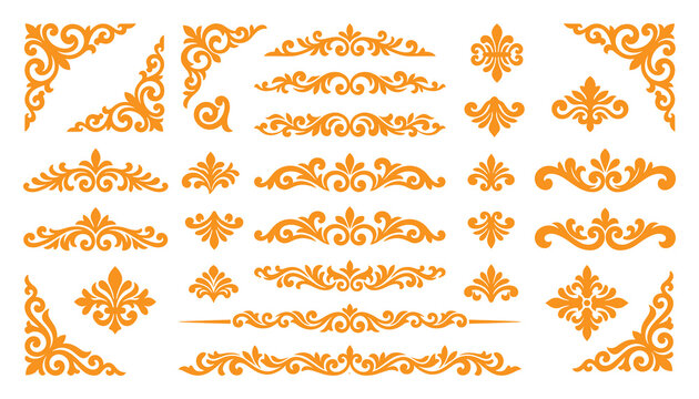 Golden royal fleur de lis and damask ornament set for luxury branding.