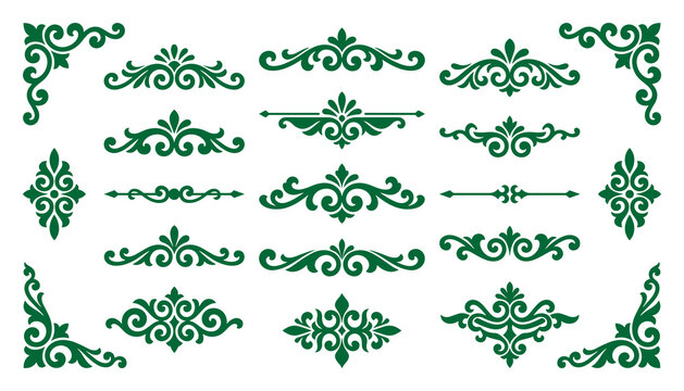 Green ornamental flourish set decorative floral motifs and line dividers.
