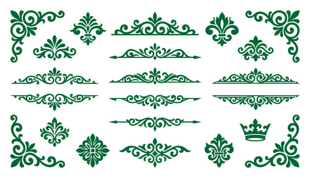 Emerald green fleur de lis icons and ornate decorative scroll frames.