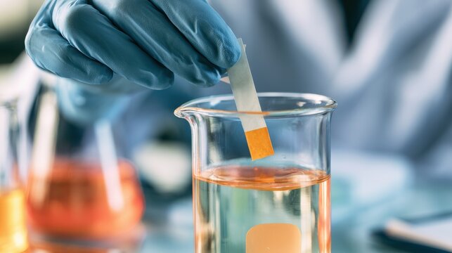 Laboratory technician conducts a test using a pH strip in a clear beaker filled with colored liquid to measure acidity or alkalinity in a scientific environment