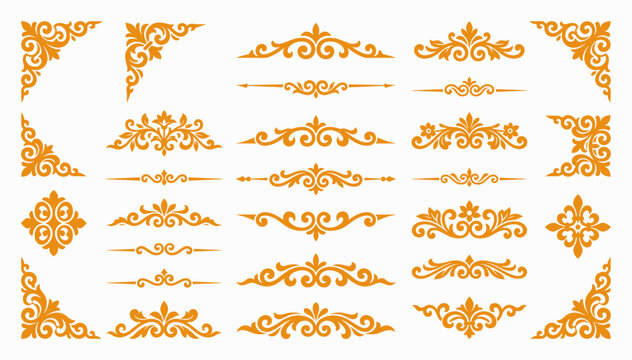 Luxury golden flourish ornaments and vintage calligraphic corner frames.
