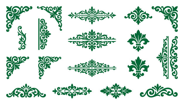 Green vintage floral ornaments and elegant corner scroll vector set.