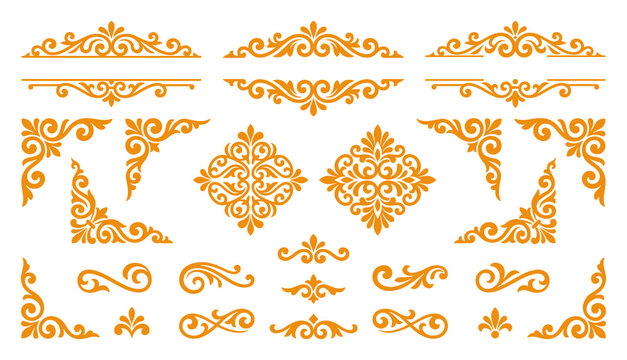 Royal golden scroll flourish dividers and vintage corner frame graphics.