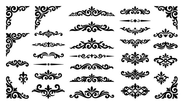 Ornate victorian filigree dividers and corner borders for stationery.